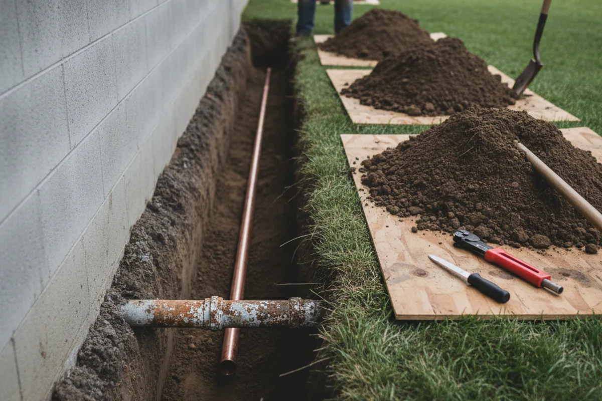Excavated water line trench during Sewer Line Repair in Albion